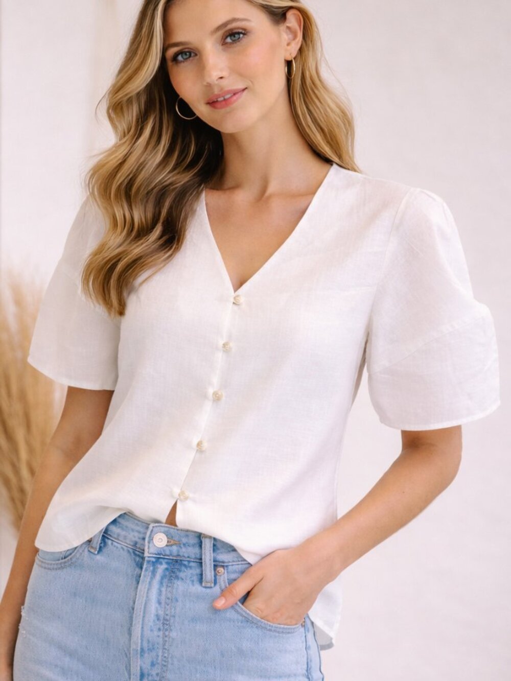 R.G. Kane NEW Ivory Lantern Blouse Linen Puff Sleeve Shirt SZ Medium Coastal